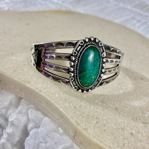 Fred Harvey Era Navajo Sterling Green Cuff Vintage - Picture 9 of 10